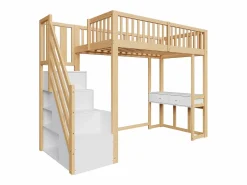 Online Cama entrepiso de madera 90x200 cm - con mesa y escalera de almacenamiento - Natural y Blanco Cama Alta