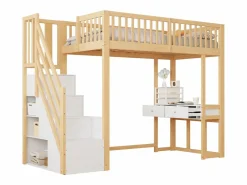 Online Cama entrepiso de madera 90x200 cm - con mesa y escalera de almacenamiento - Natural y Blanco Cama Alta