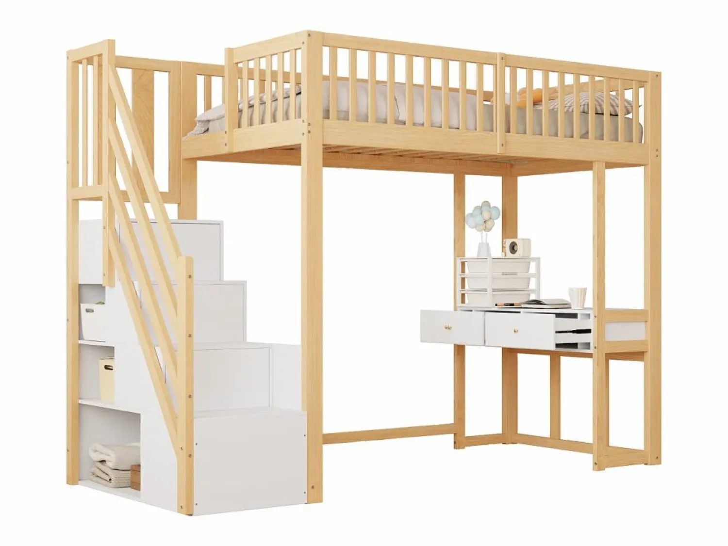 Online Cama entrepiso de madera 90x200 cm - con mesa y escalera de almacenamiento - Natural y Blanco Cama Alta
