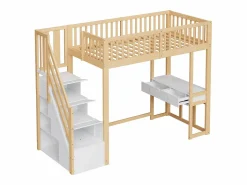 Online Cama entrepiso de madera 90x200 cm - con mesa y escalera de almacenamiento - Natural y Blanco Cama Alta