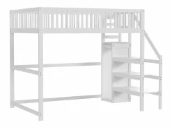 Hot Cama entrepiso de 140x200 con escalera, cama infantil de madera blanca con estante de almacenamiento, armario sencillo Cama Alta