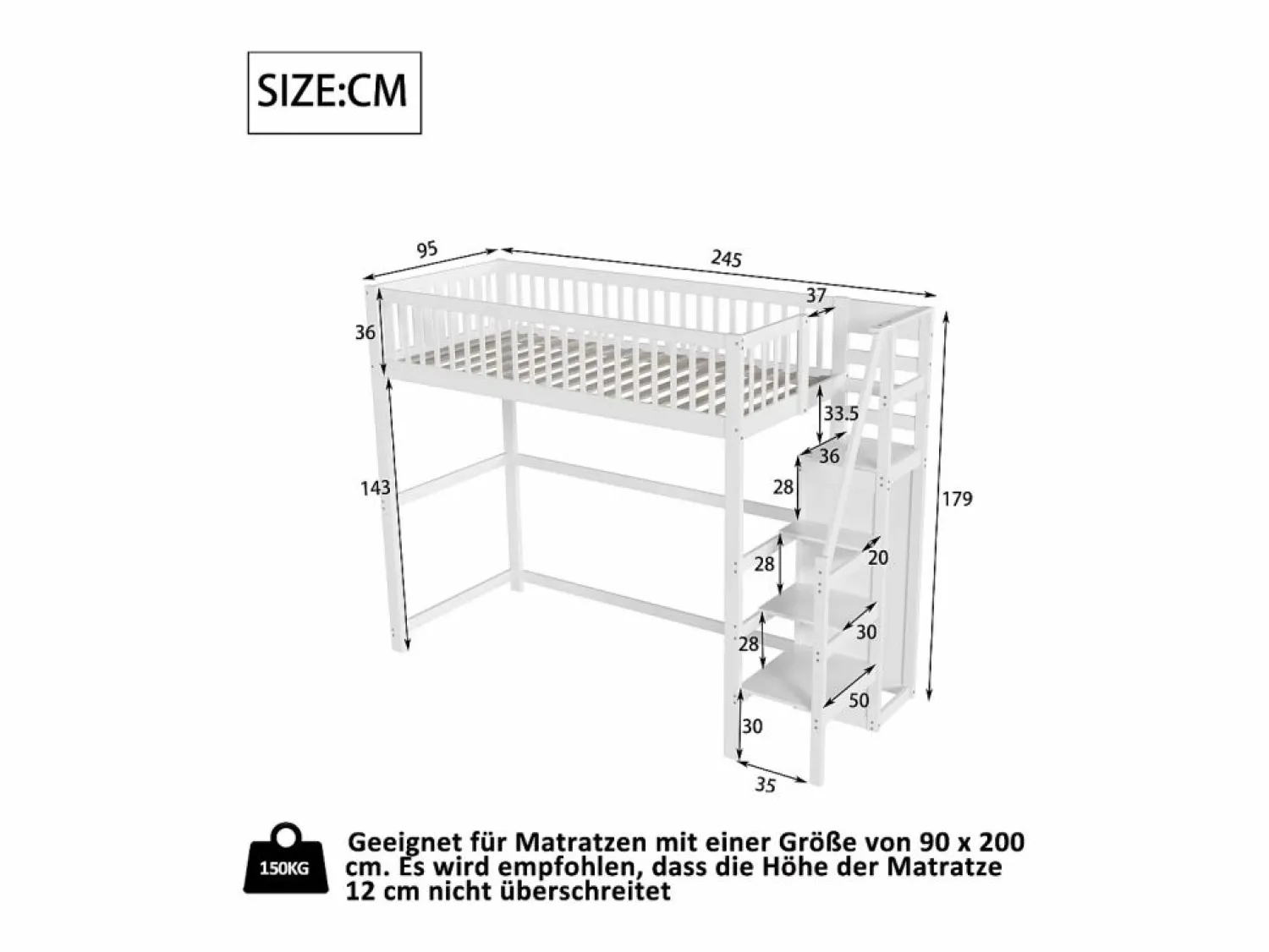 Online Cama entrepiso de 90x200 con escalera, cama infantil de madera blanca con estante de almacenamiento, armario sencillo Cama Alta|Cama Infantil