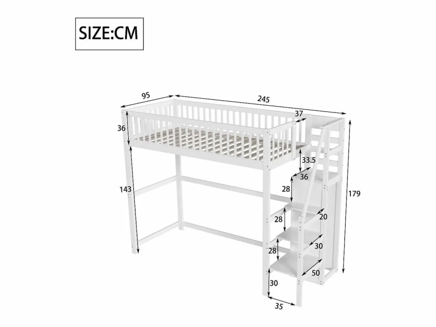 Online Cama entrepiso de 90x200 con escalera, cama infantil de madera blanca con estante de almacenamiento, armario sencillo Cama Alta|Cama Infantil