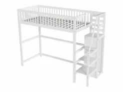 Online Cama entrepiso de 90x200 con escalera, cama infantil de madera blanca con estante de almacenamiento, armario sencillo Cama Alta|Cama Infantil