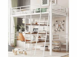KOMHTOM Cama entresuelo 90*200 cm, sin colchón, cama con escritorio, varios estantes, barandillas, escalera,