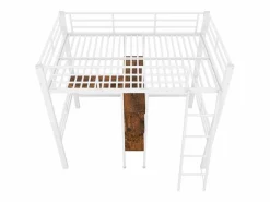 KOMHTOM Cama entresuelo 90*200 cm, sin colchón, cama con escritorio, varios estantes, barandillas, escalera,
