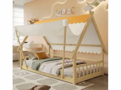 Cama individual 90 x 200 cm - Cama infantil con barrera y tienda de campaña - diseño de cabaña de madera - colchón no incluido