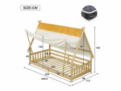 Cama individual 90 x 200 cm - Cama infantil con barrera y tienda de campaña - diseño de cabaña de madera - colchón no incluido
