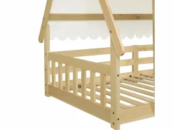 Cama individual 90 x 200 cm - Cama infantil con barrera y tienda de campaña - diseño de cabaña de madera - colchón no incluido