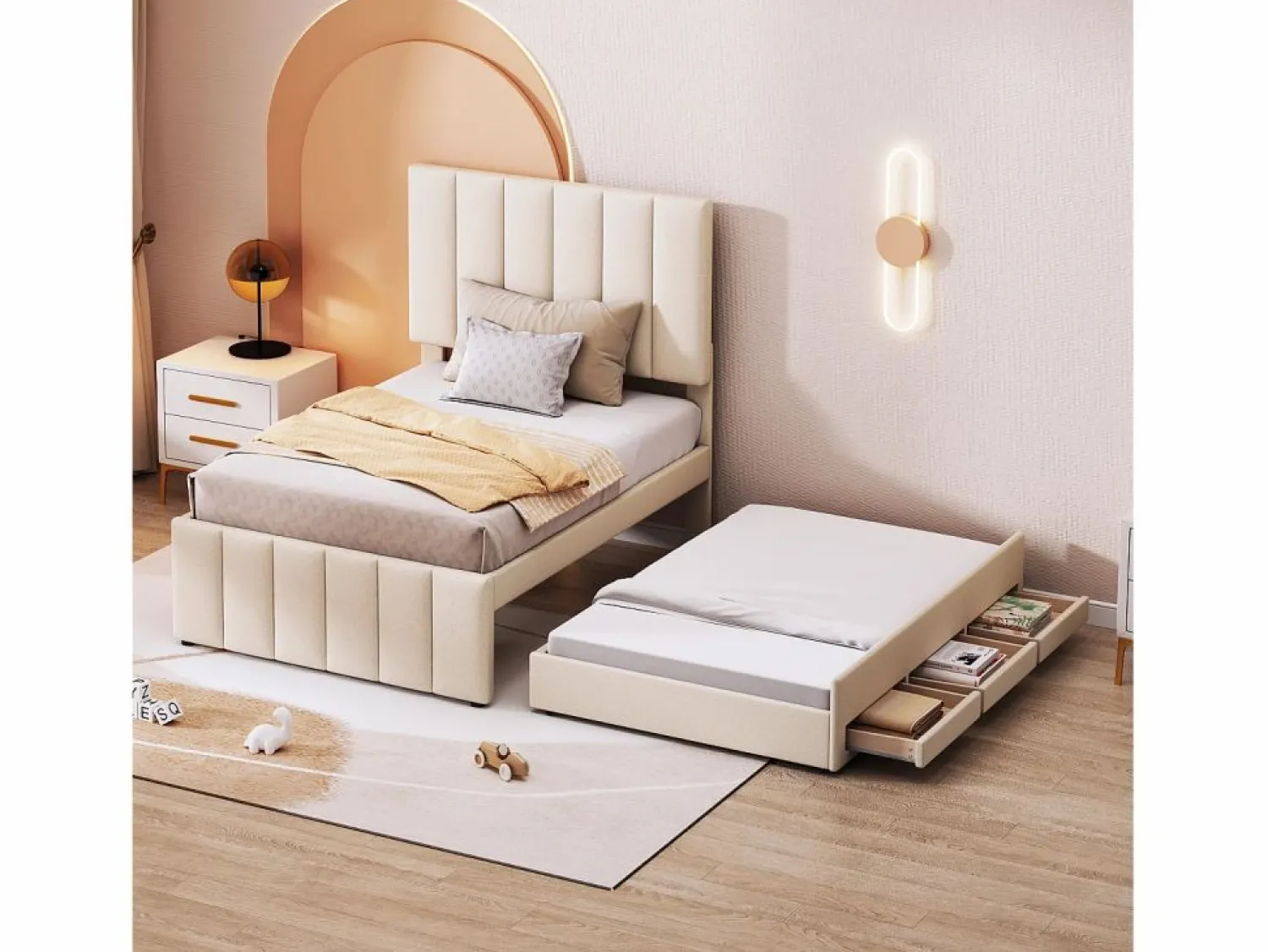 Sale Cama infantil acolchada 90x200 cm con cama nido 90x190 cm con cajones de almacenamiento, en lino, sin colchón, Cama Diván|Cama Nido