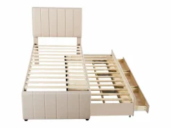 Sale Cama infantil acolchada 90x200 cm con cama nido 90x190 cm con cajones de almacenamiento, en lino, sin colchón, Cama Diván|Cama Nido