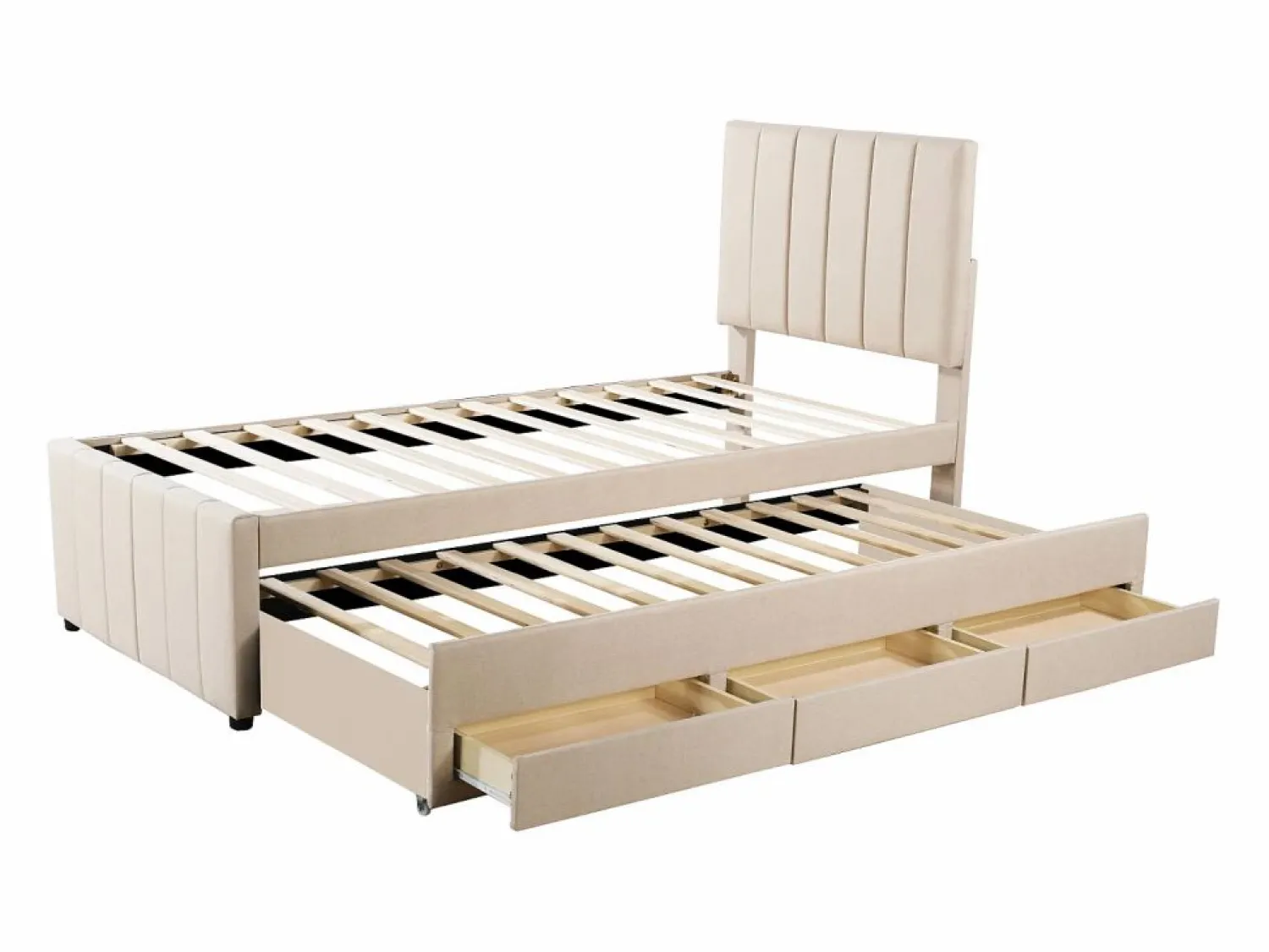 Sale Cama infantil acolchada 90x200 cm con cama nido 90x190 cm con cajones de almacenamiento, en lino, sin colchón, Cama Diván|Cama Nido