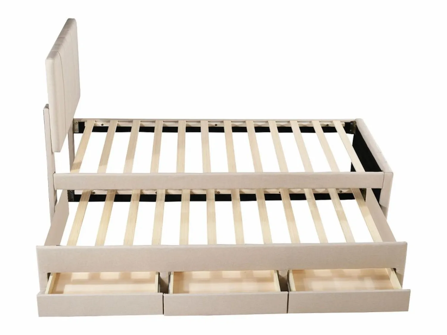 Sale Cama infantil acolchada 90x200 cm con cama nido 90x190 cm con cajones de almacenamiento, en lino, sin colchón, Cama Diván|Cama Nido