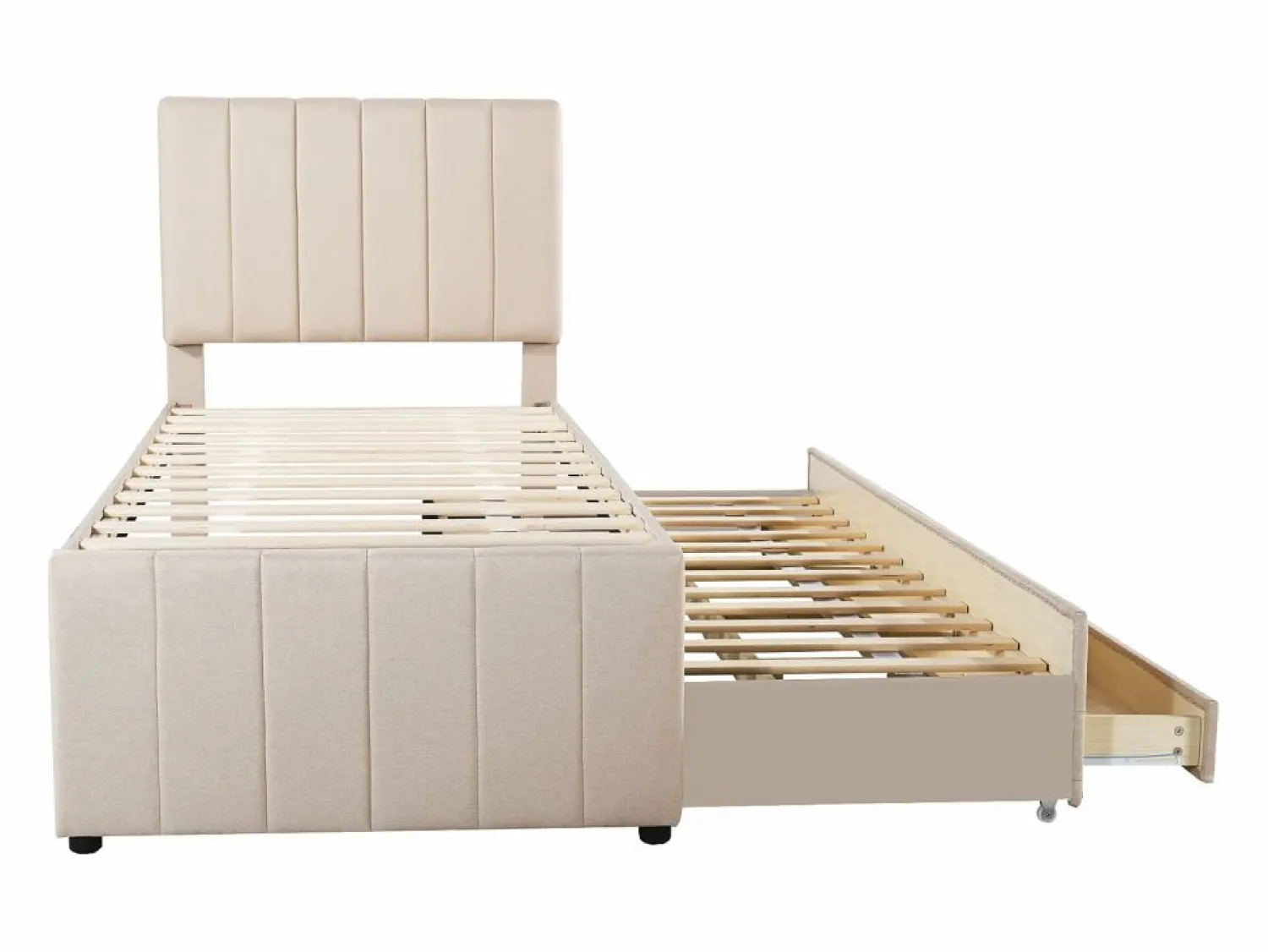 Sale Cama infantil acolchada 90x200 cm con cama nido 90x190 cm con cajones de almacenamiento, en lino, sin colchón, Cama Diván|Cama Nido