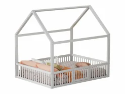 OKWISH Cama infantil blanca de 140 x 200 cm con puerta de seguridad y láminas de somier, sin colchón