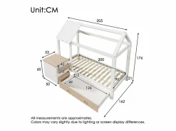 Merax Cama infantil cabina - 90 x 200 cm - con 1 cajón + mesita de noche extraíble - cama de suelo - Pino + MDF - natural + blanco