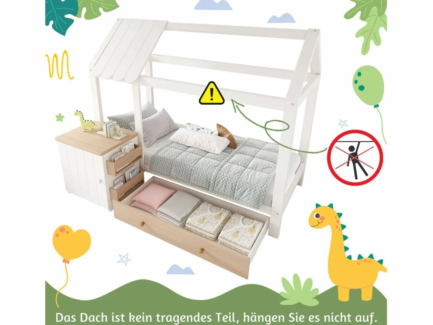 Merax Cama infantil cabina - 90 x 200 cm - con 1 cajón + mesita de noche extraíble - cama de suelo - Pino + MDF - natural + blanco