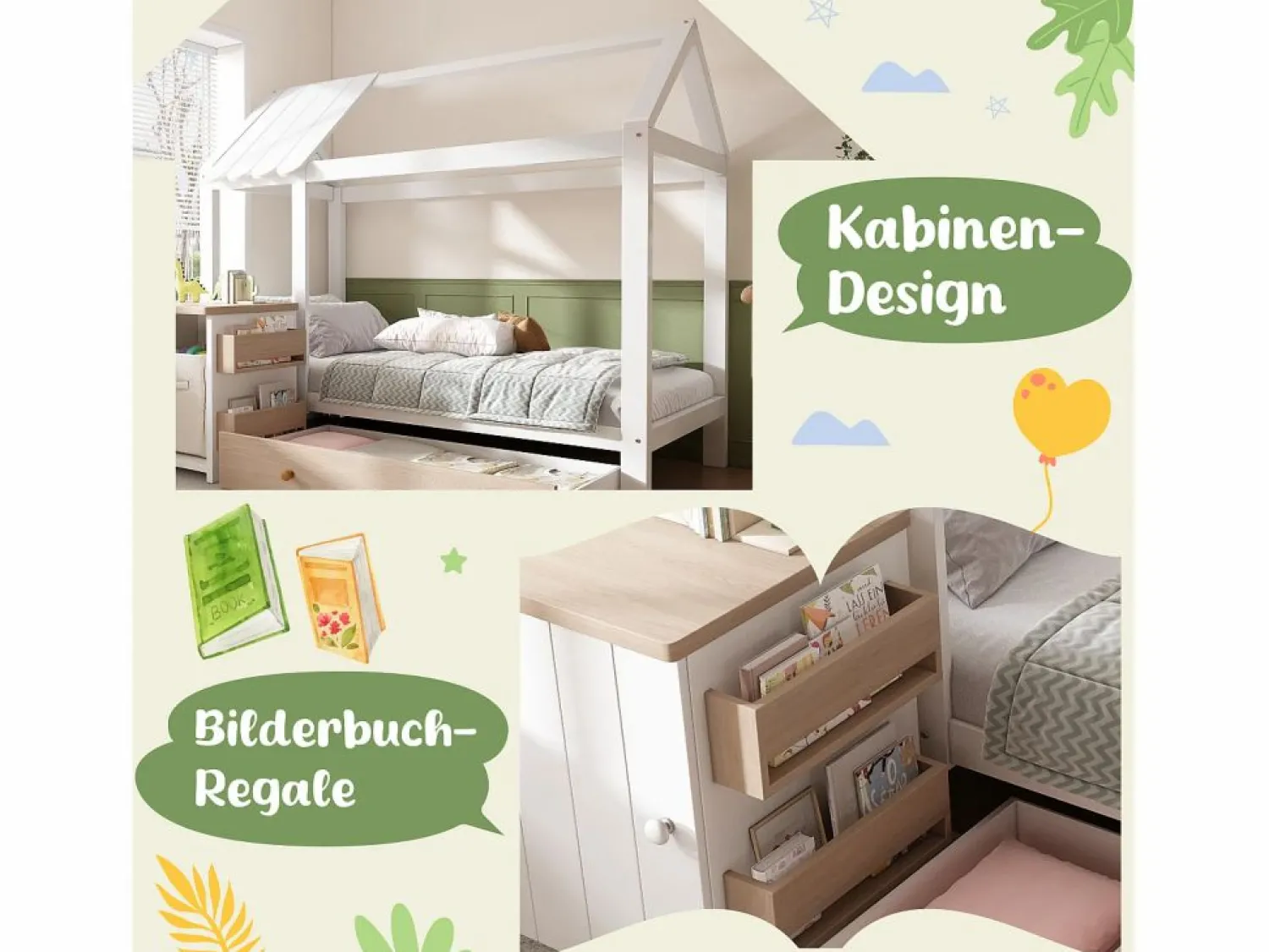 Merax Cama infantil cabina - 90 x 200 cm - con 1 cajón + mesita de noche extraíble - cama de suelo - Pino + MDF - natural + blanco