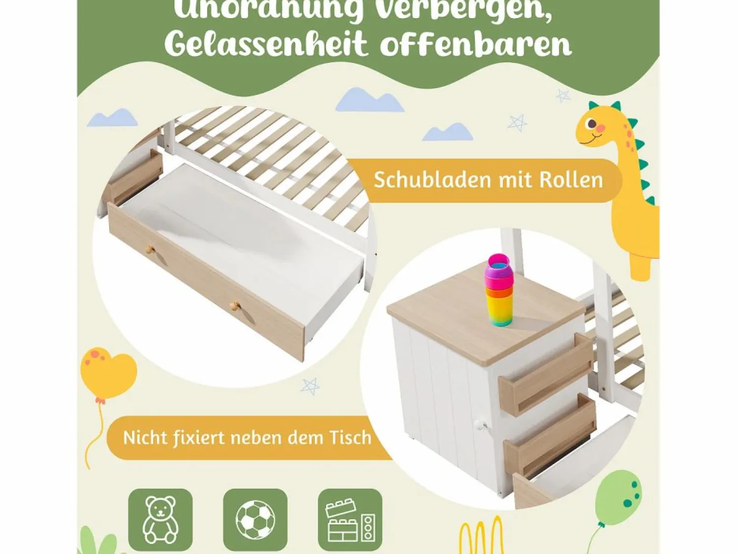 Merax Cama infantil cabina - 90 x 200 cm - con 1 cajón + mesita de noche extraíble - cama de suelo - Pino + MDF - natural + blanco