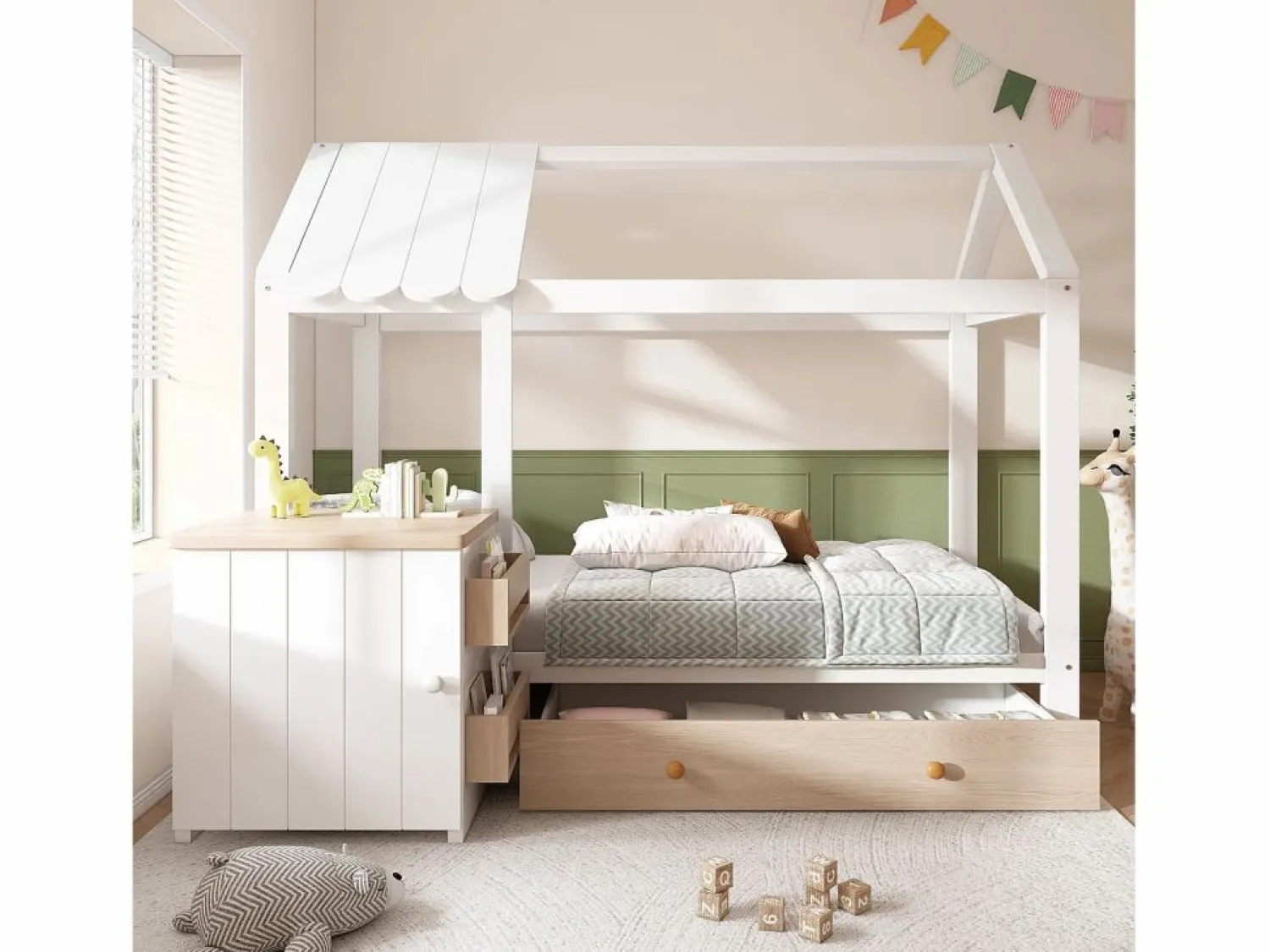 Merax Cama infantil cabina - 90 x 200 cm - con 1 cajón + mesita de noche extraíble - cama de suelo - Pino + MDF - natural + blanco