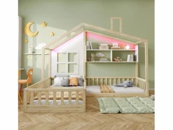 New Cama infantil cabina - 90 x 200 cm + 140 x 70 cm - con estantes - MDF + pino - Somier de láminas incluido - natural Cama Montessori