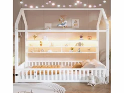 Outlet Hauss Spole Cama infantil cabina 90x200 cm con estantes de almacenaje e iluminación LED - Sin somier - Blanco