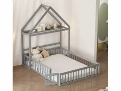 Discount Cama infantil cabina 140x200 cm de madera maciza - con barra para ropa - Cama Montessori