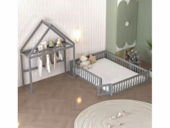 Discount Cama infantil cabina 140x200 cm de madera maciza - con barra para ropa - Cama Montessori