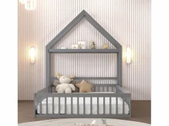 Discount Cama infantil cabina 140x200 cm de madera maciza - con barra para ropa - Cama Montessori