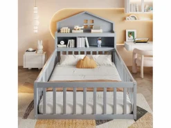 Hot Cama infantil cabina 90x200 cm con barandillas de seguridad, estantes y almacenaje en color (sin colchón) Cama Montessori