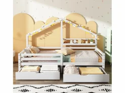 New Cama infantil cabina 90x200 cm con somier de láminas - protección anticaídas, 2 cajones y balda de almacenaje - madera - (sin colchón) Blanco