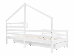New Cama infantil cabina 90x200 cm con somier de láminas - protección anticaídas, 2 cajones y balda de almacenaje - madera - (sin colchón) Blanco