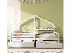 New Cama infantil cabina 90x200 cm con somier de láminas - protección anticaídas, 2 cajones y balda de almacenaje - madera - (sin colchón) Blanco
