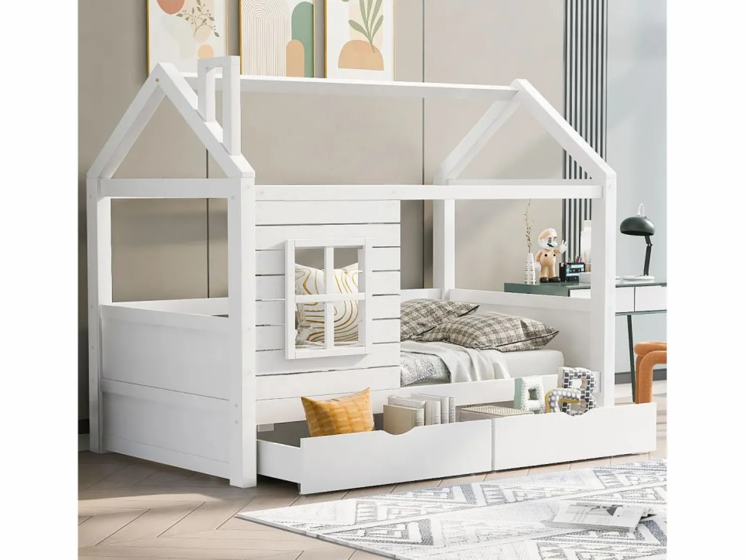 Cama infantil cabina 90x200 cm con somier de láminas - protección anticaídas 2 cajones de almacenaje - madera - (sin colchón)