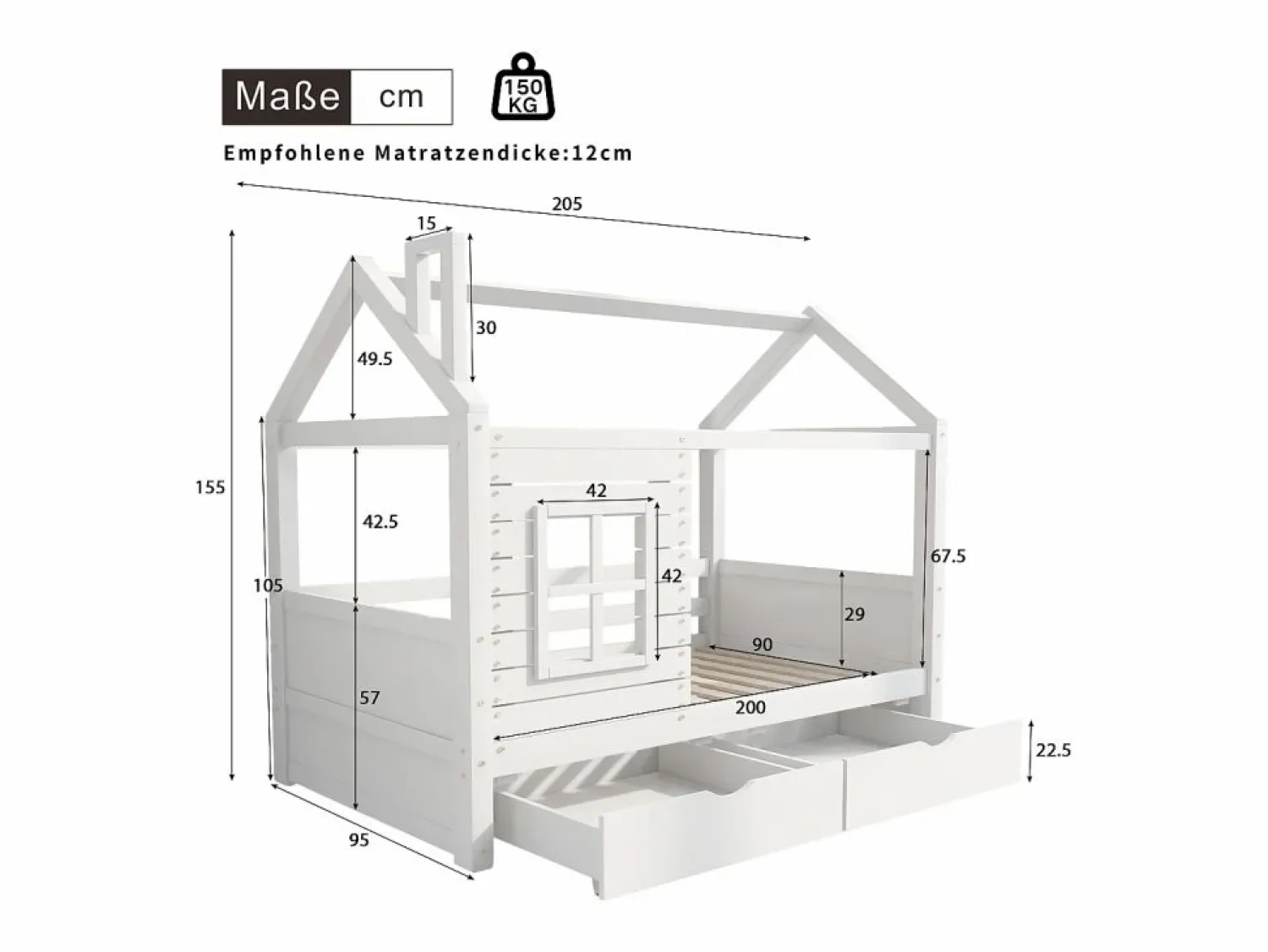 Cama infantil cabina 90x200 cm con somier de láminas - protección anticaídas 2 cajones de almacenaje - madera - (sin colchón)