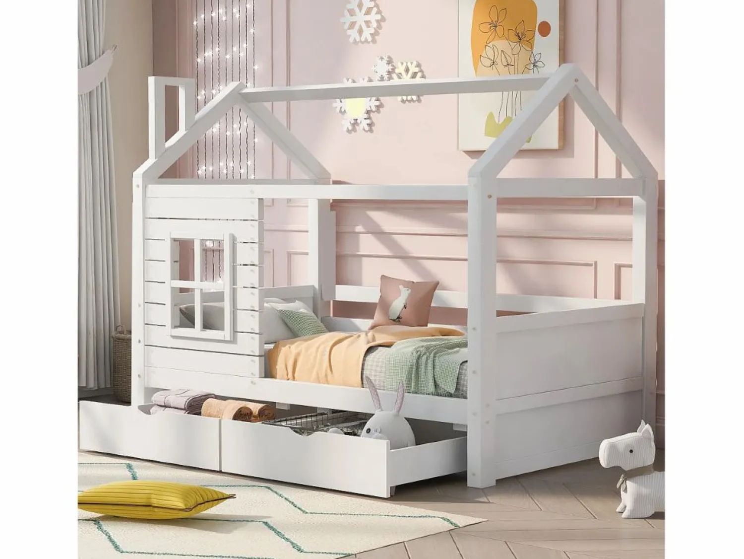 Cama infantil cabina 90x200 cm con somier de láminas - protección anticaídas 2 cajones de almacenaje - madera - (sin colchón)