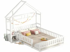 ModernLuxe Cama infantil cabina 140x200 cm con mesita de noche y barandillas de seguridad - somier - Blanco