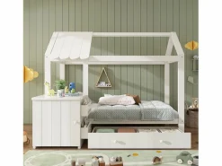 Cama infantil cabina 90x200 cm con base - 1 cajón y mesita de noche extraíble - blanca (sin colchón)