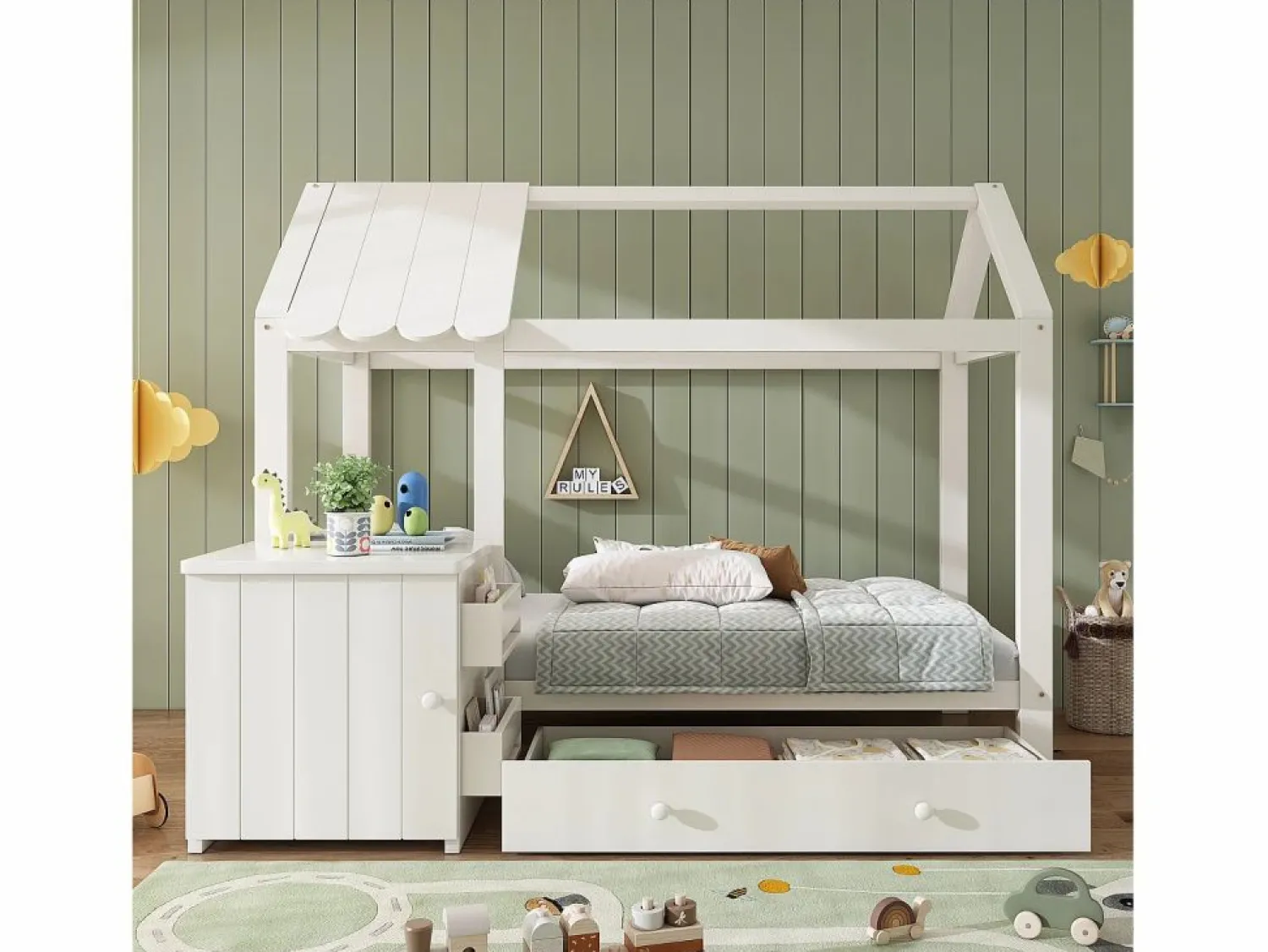 Cama infantil cabina 90x200 cm con base - 1 cajón y mesita de noche extraíble - blanca (sin colchón)