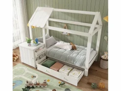 Cama infantil cabina 90x200 cm con base - 1 cajón y mesita de noche extraíble - blanca (sin colchón)