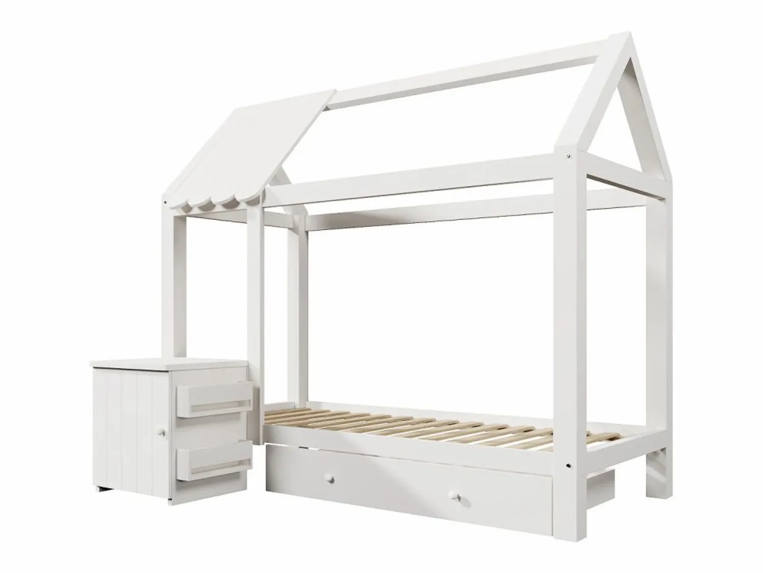 Cama infantil cabina 90x200 cm con base - 1 cajón y mesita de noche extraíble - blanca (sin colchón)
