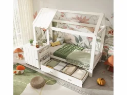 Cama infantil cabina 90x200 cm con base - 1 cajón y mesita de noche extraíble - blanca (sin colchón)