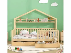 Sale Cama infantil cabina 90x200cm con protección anticaídas - 2 cajones y balda de almacenaje - madera - natural (sin colchón) Color natural claro