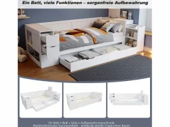 New Merax Cama infantil con canapé - 90 x 200 cm - sofá-cama con 3 cajones - con mesitas de noche - MDF - Blanco