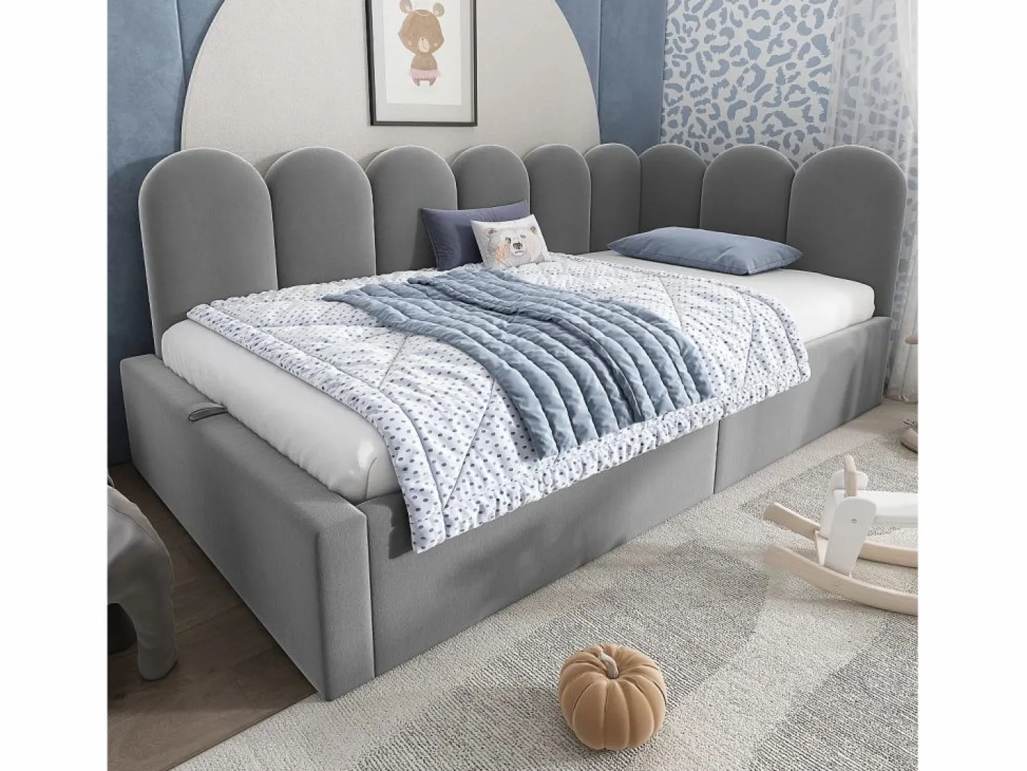 New Cama infantil con canapé de 90x190cm con somier de láminas - cabecero tapizado - estructura de metal - terciopelo (sin colchón) Cama Con Canapé|Cama Con Almacenaje