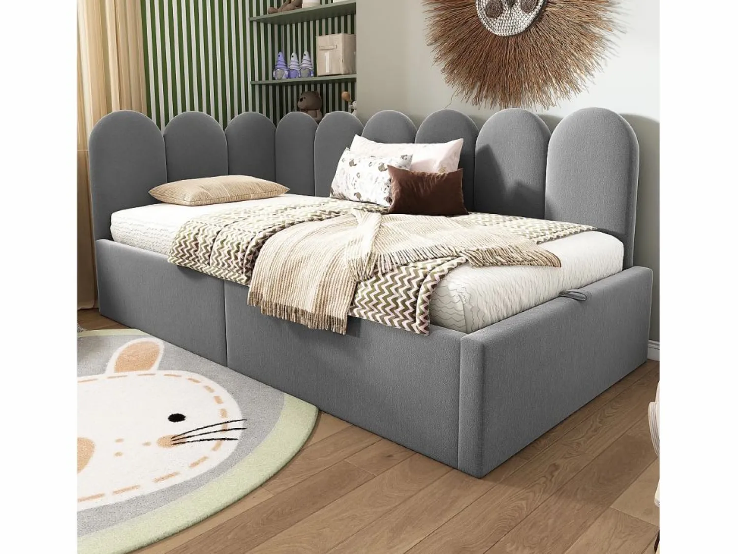 New Cama infantil con canapé de 90x190cm con somier de láminas - cabecero tapizado - estructura de metal - terciopelo (sin colchón) Cama Con Canapé|Cama Con Almacenaje