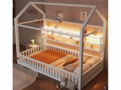 Online Merax Cama infantil con plataforma en forma de casa - 90 x 200 cm - con barandilla + LED + almacenaje - metal - Blanco