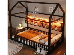 Best Cama infantil con plataforma en forma de casa - 90 x 200 cm - con barandilla + LED + almacenaje - metal - Cama Montessori