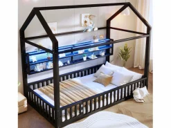 Best Cama infantil con plataforma en forma de casa - 90 x 200 cm - con barandilla + LED + almacenaje - metal - Cama Montessori