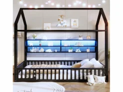 Best Cama infantil con plataforma en forma de casa - 90 x 200 cm - con barandilla + LED + almacenaje - metal - Cama Montessori